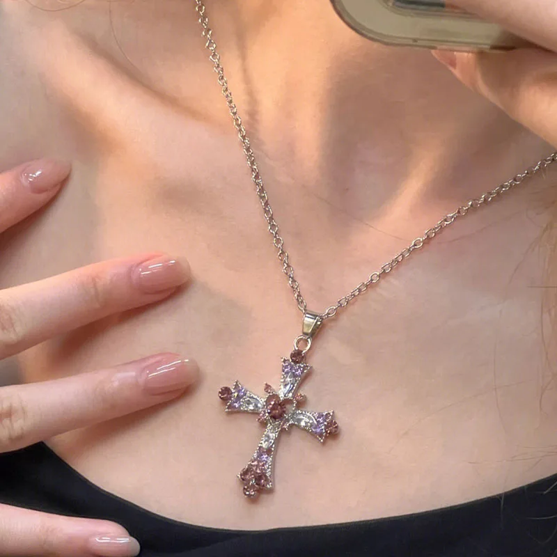 Women's rhinestone pendant pink and purple necklace - Image 2