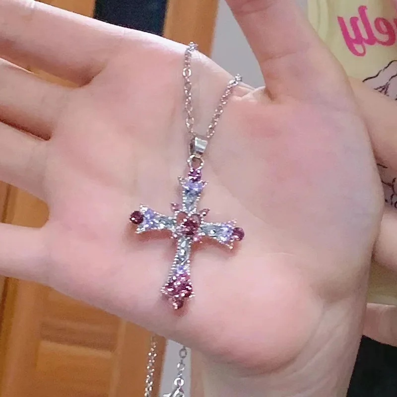Women's rhinestone pendant pink and purple necklace - Image 3