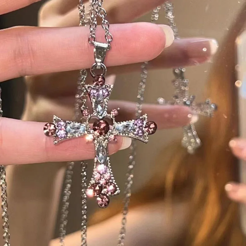 Women's rhinestone pendant pink and purple necklace - Image 6